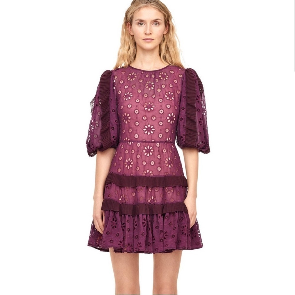 Rebecca Taylor Pinwheel Eyelet Cutout Mini Ruffle Dress Plum Size 6